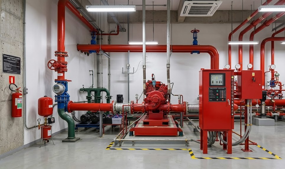 Técnico realizando instalação de sistema de incêndio